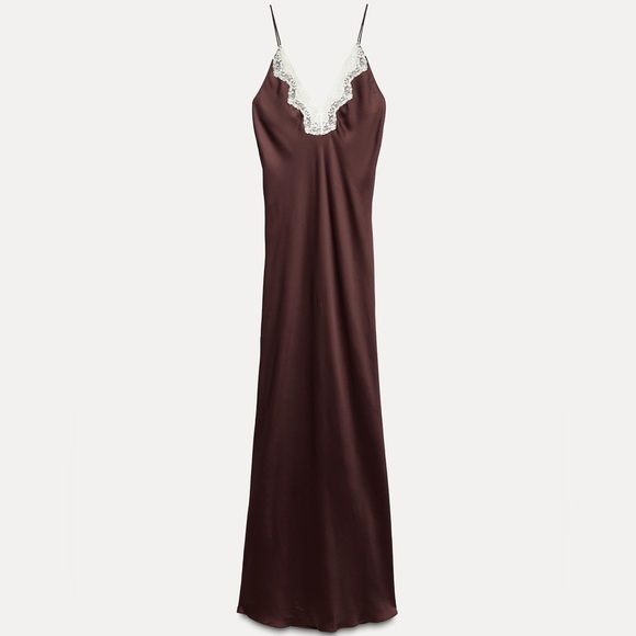 Zara viral chocolate brown maxi slip dress with lace neckline - size Large (L) - Picture 6 of 10